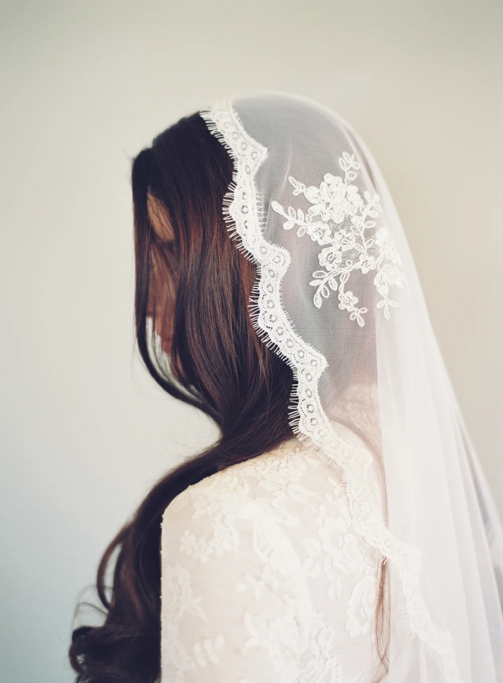 Fingertip Partial Lace Wedding Veil #1639
