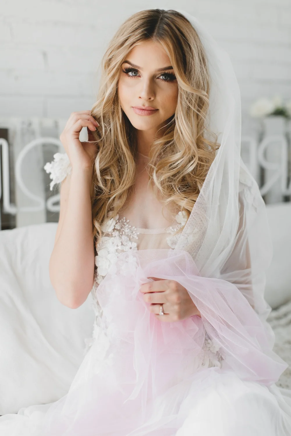 Pink Ombre English Net Little Something Wedding Veil #1740