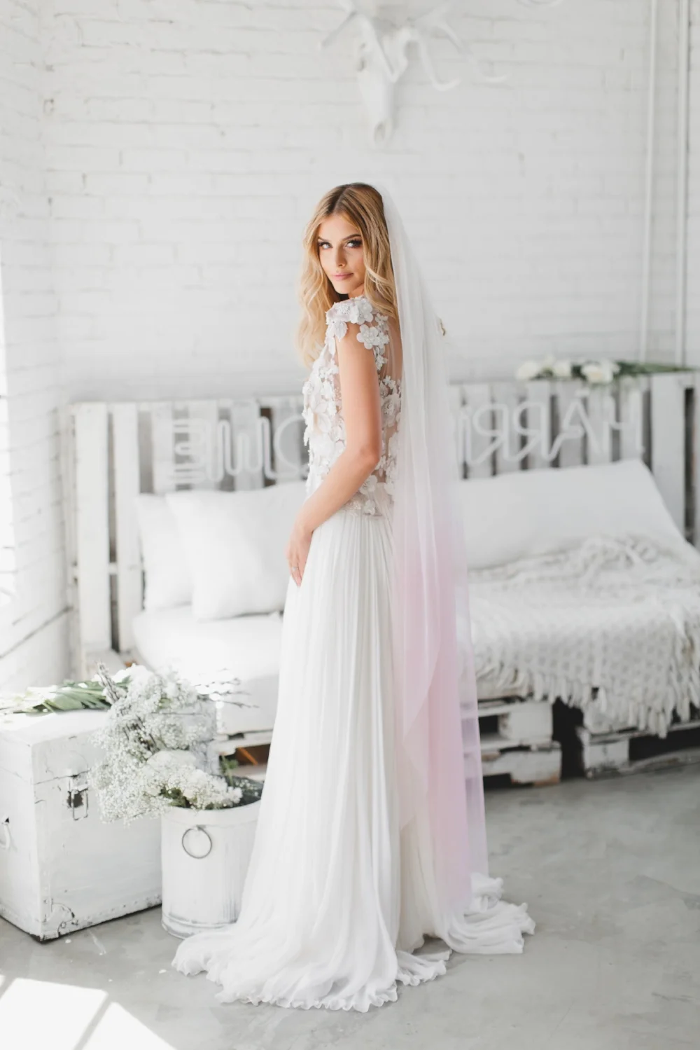 Pink Ombre English Net Little Something Wedding Veil #1740