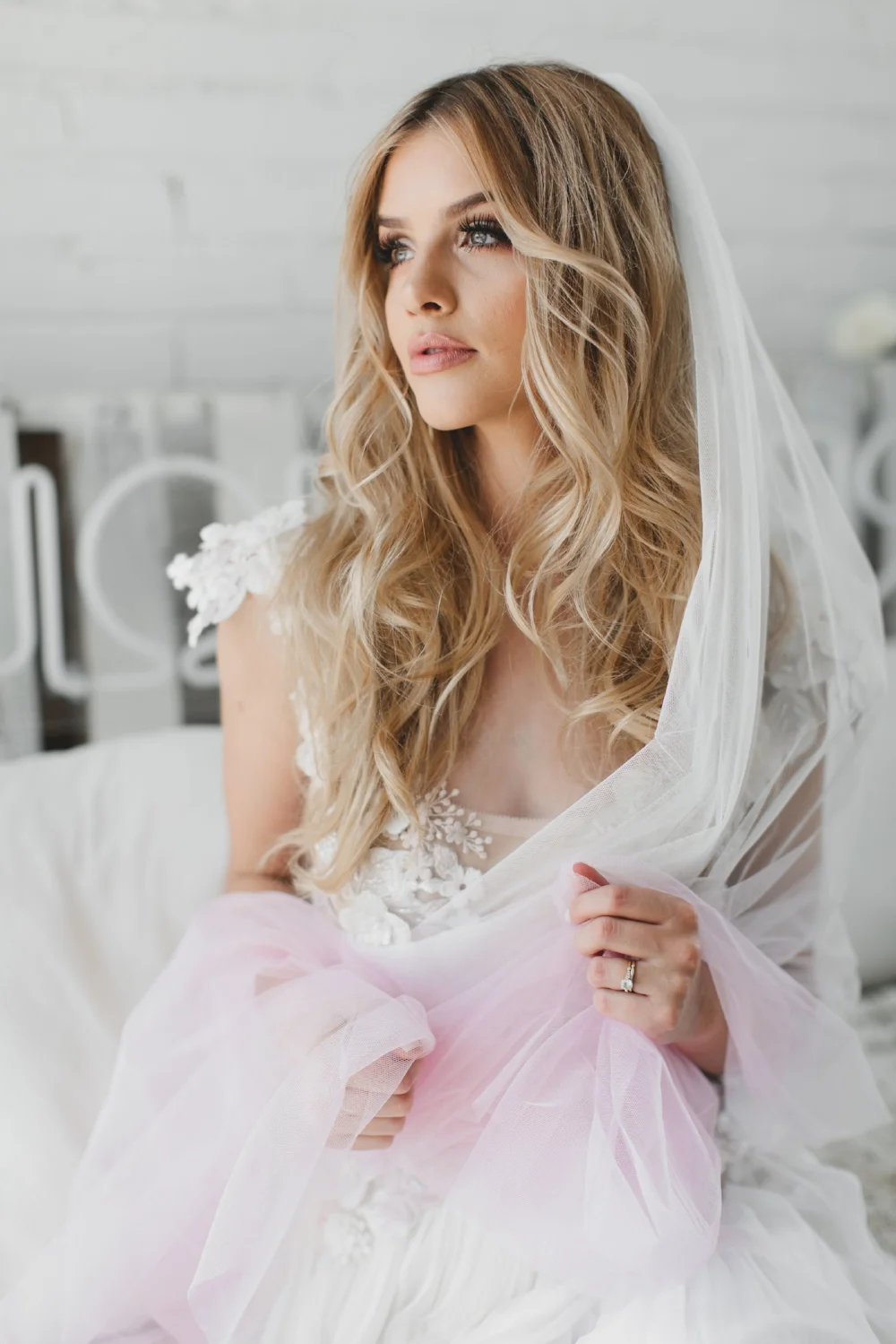 Pink Ombre English Net Little Something Wedding Veil #1740