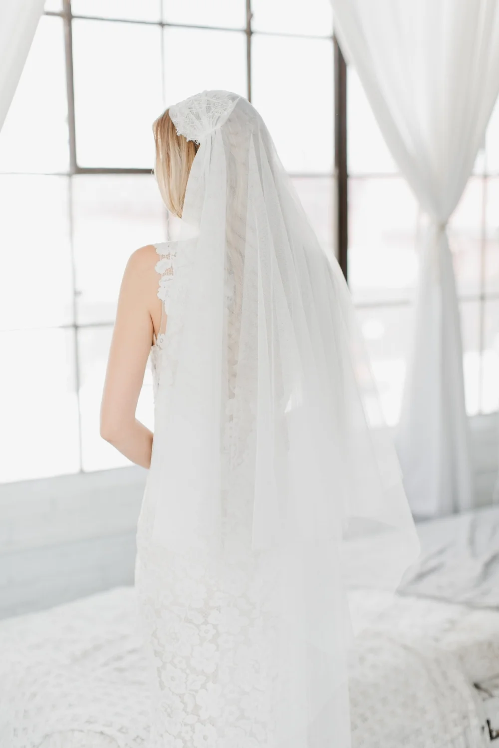 Lillian Chantilly Lace Bridal Cap Wedding Veil #1210