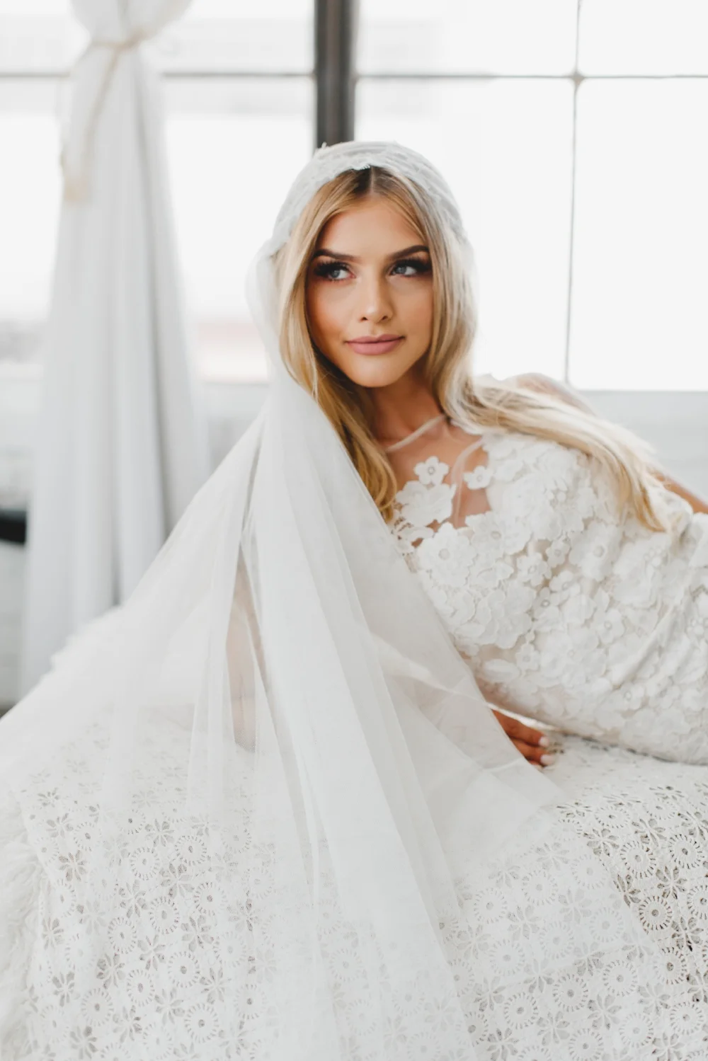 Lillian Chantilly Lace Bridal Cap Wedding Veil #1210