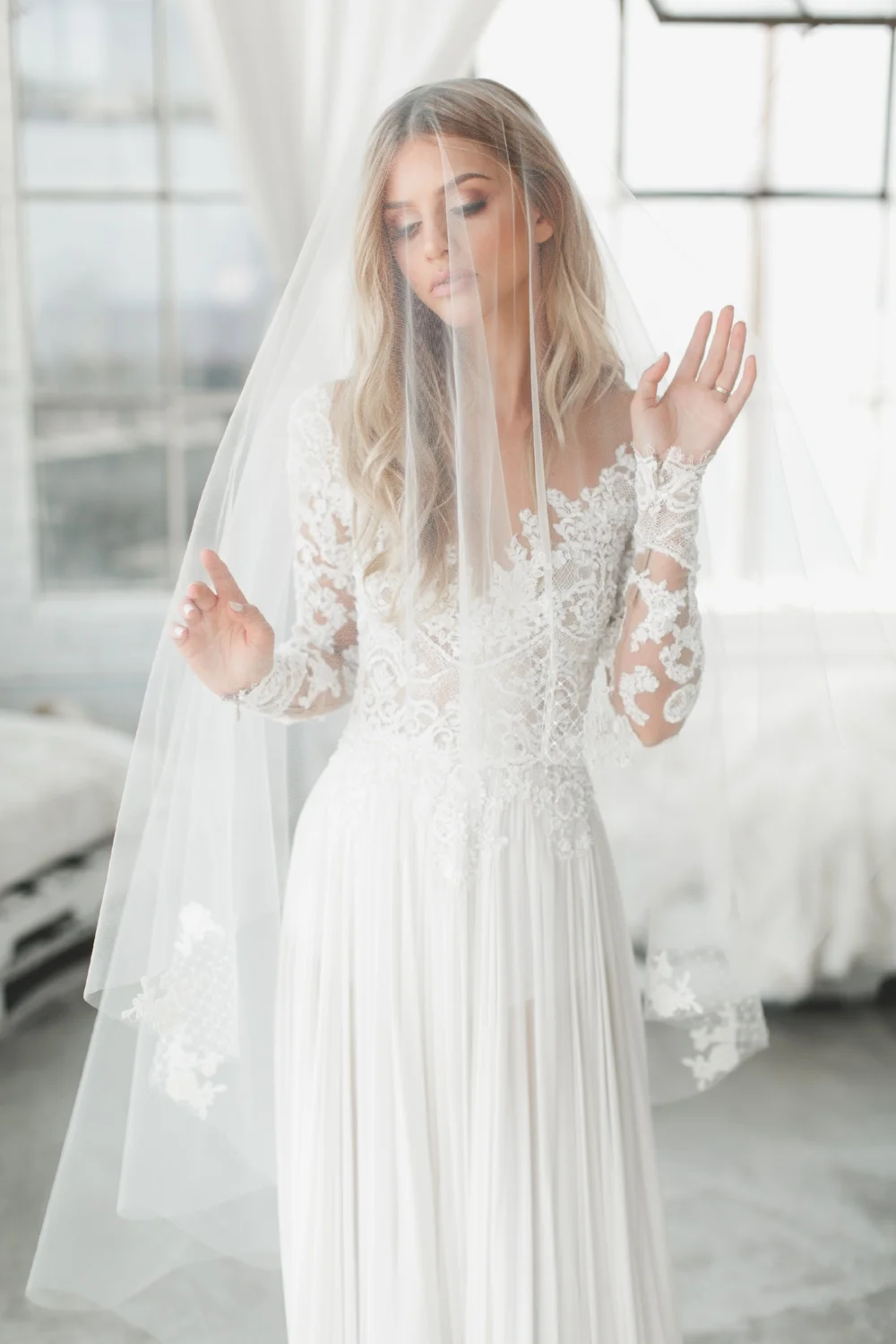 Lace and Russian Net Adorned Drop Veil #1738
