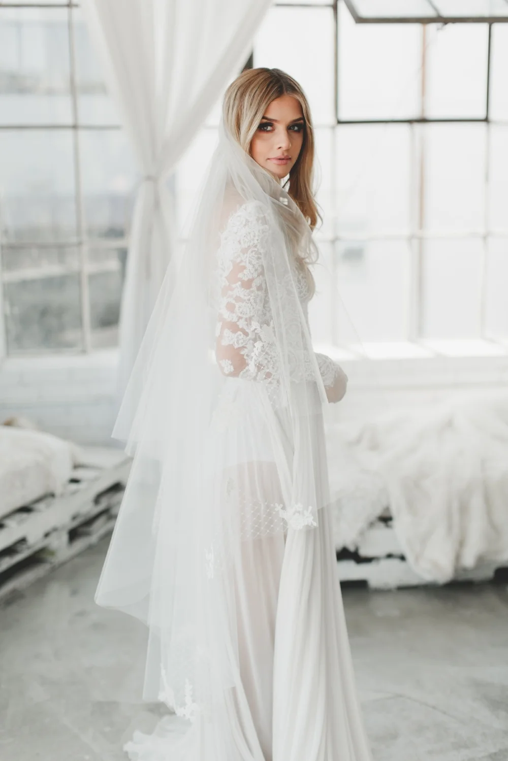 Lace and Russian Net Adorned Drop Veil #1738