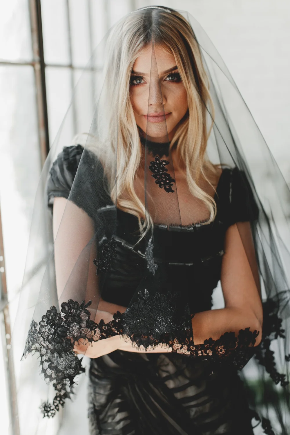 Black Goth Chantilly Lace Cathedral Veil #1702
