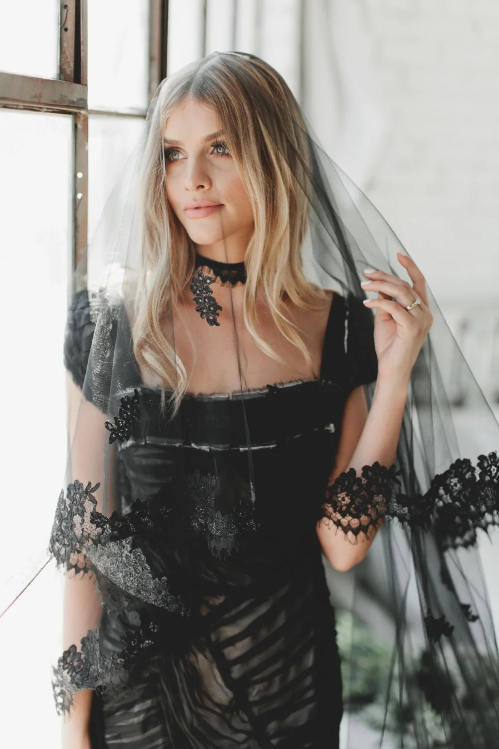 Black Goth Chantilly Lace Cathedral Veil #1702