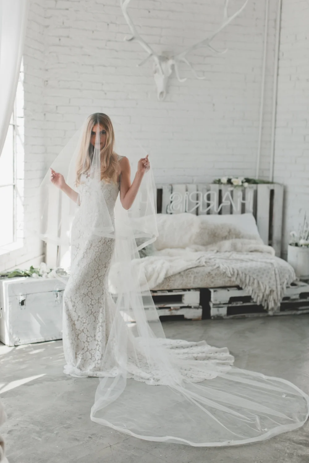 Horsehair, Lace Florets & Swarovski Crystals Drop Veil #1729