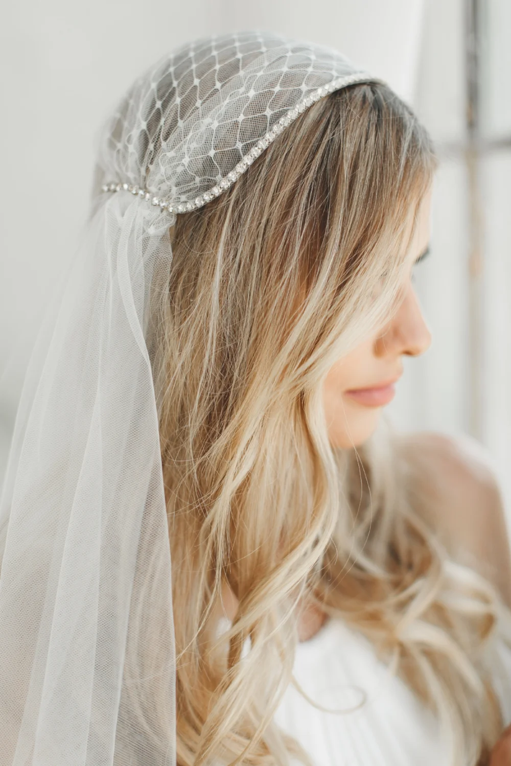 Russian Net & Crystal Juliet Cap Veil #1208
