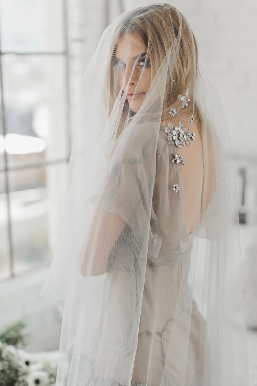 Gray Crystal Lace Applique' Veil #1716