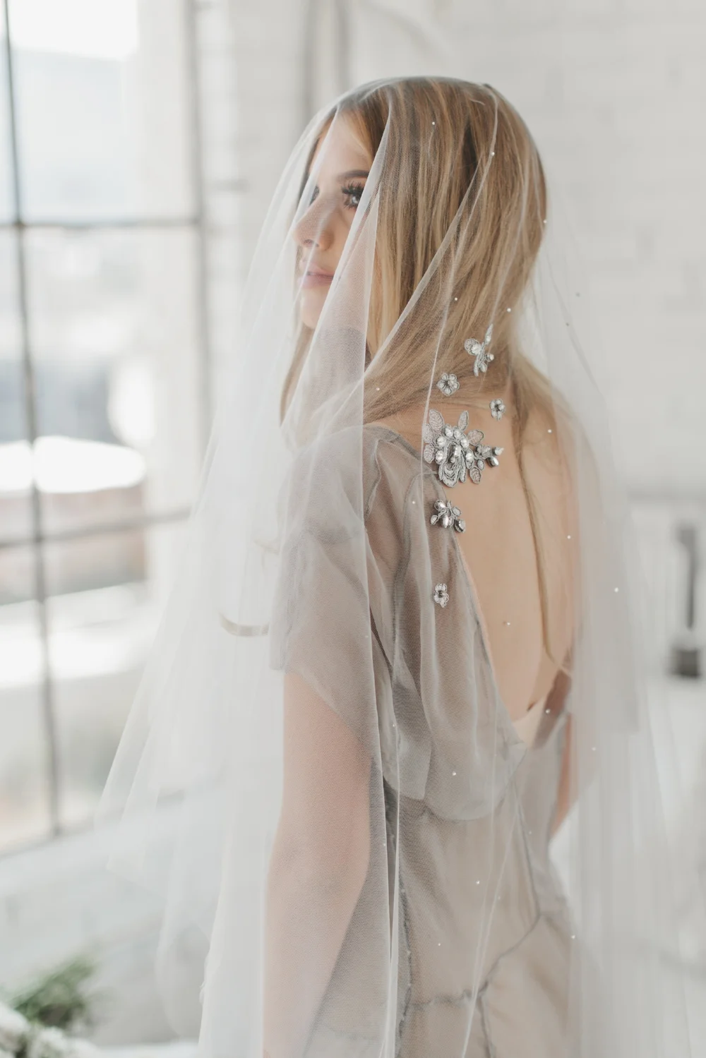 Gray Crystal Lace Applique' Veil #1716
