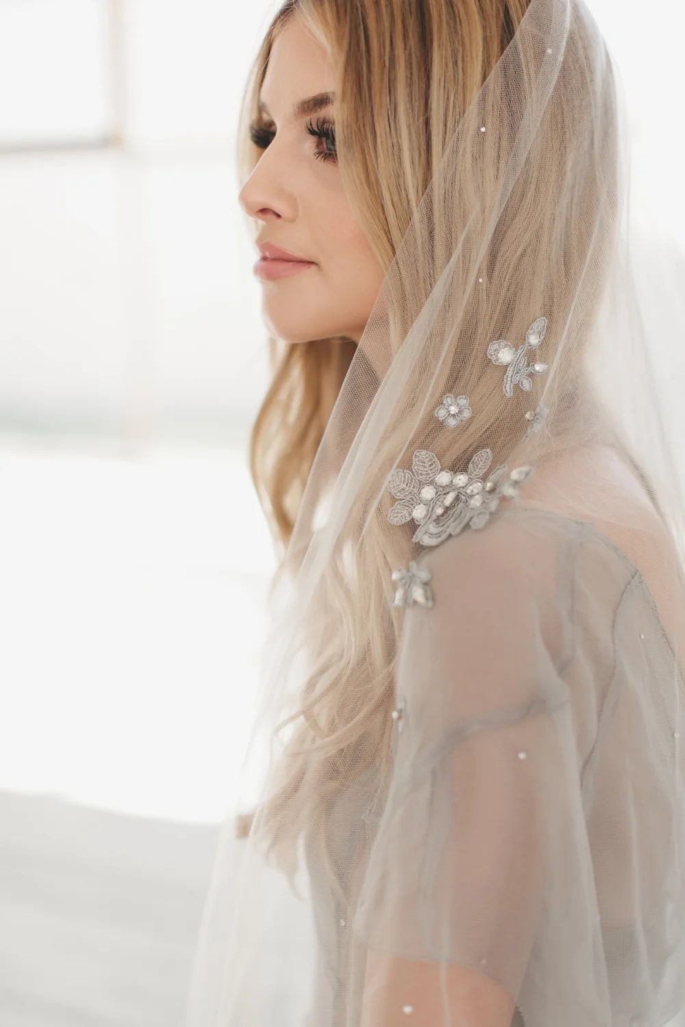 Gray Crystal Lace Applique' Veil #1716
