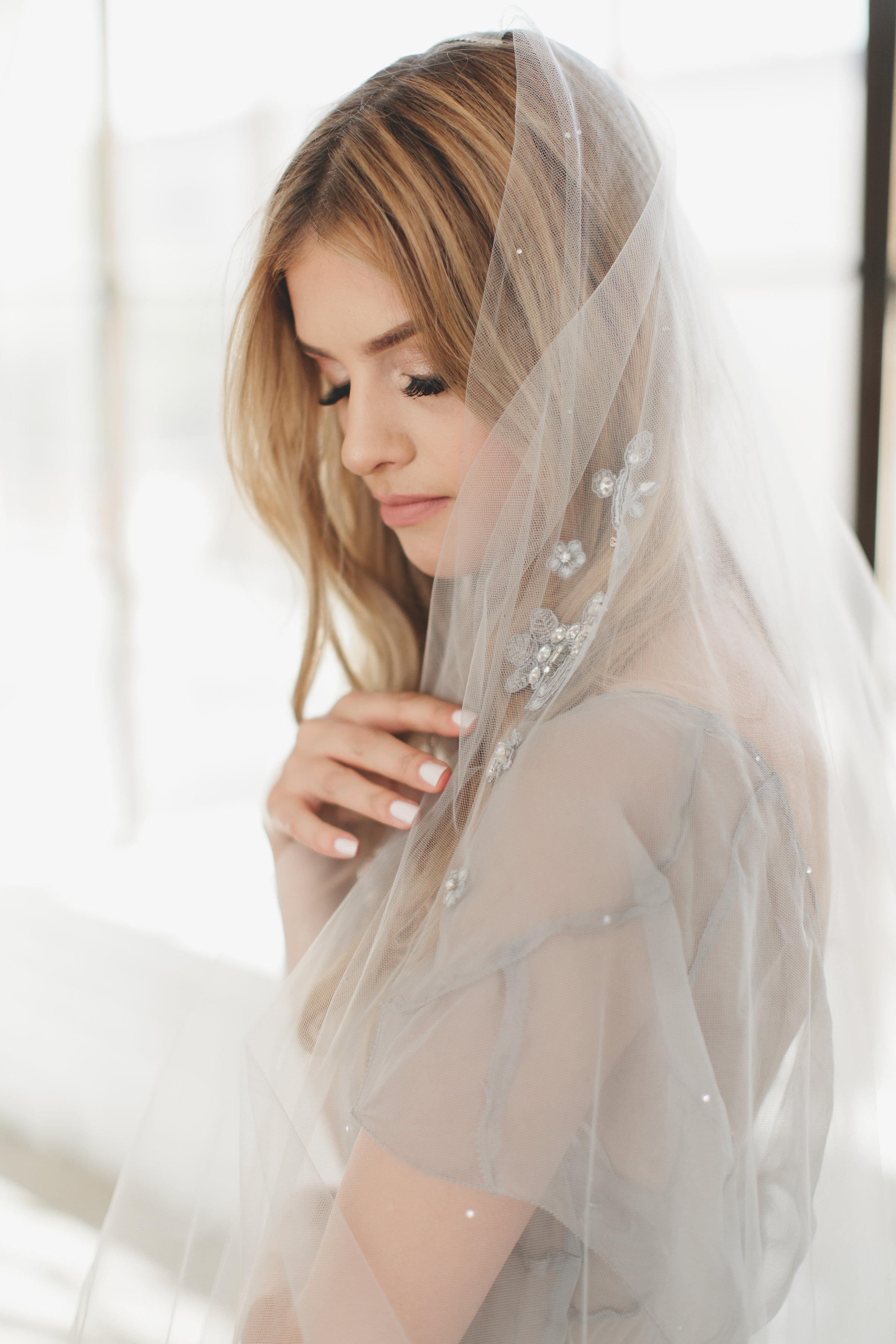 Gray Crystal Lace Applique' Veil #1716