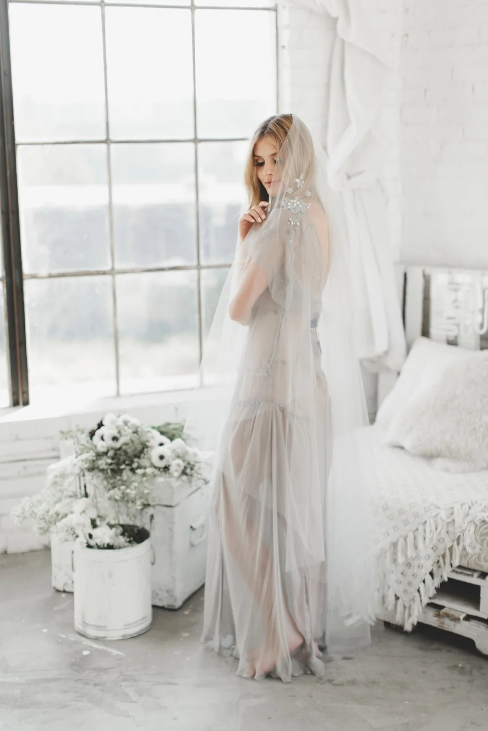 Gray Crystal Lace Applique' Veil #1716