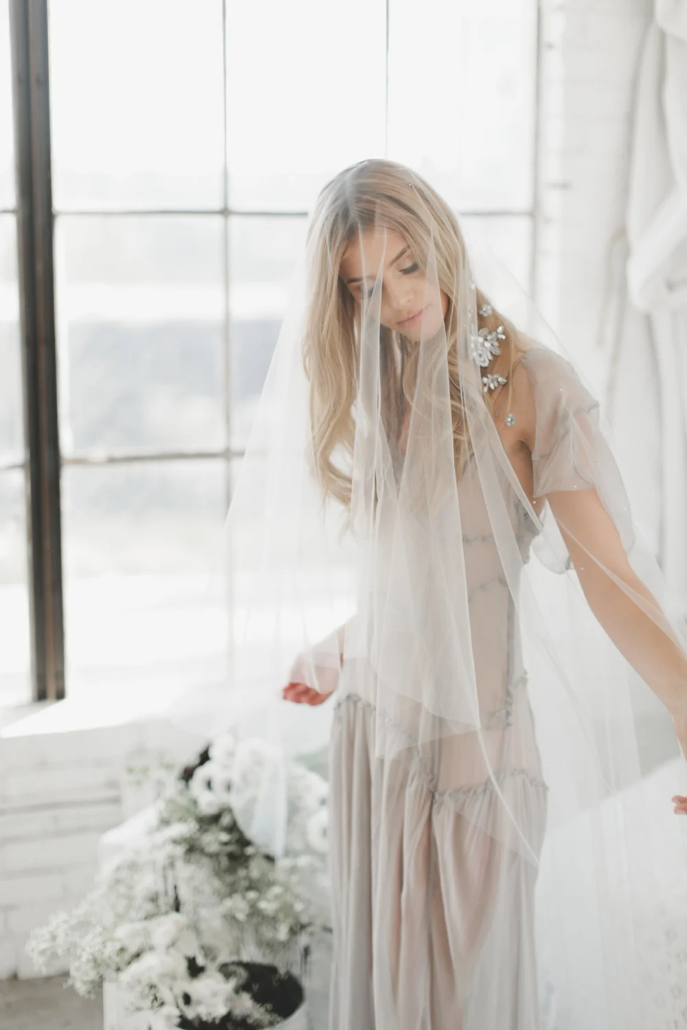 Gray Crystal Lace Applique' Veil #1716