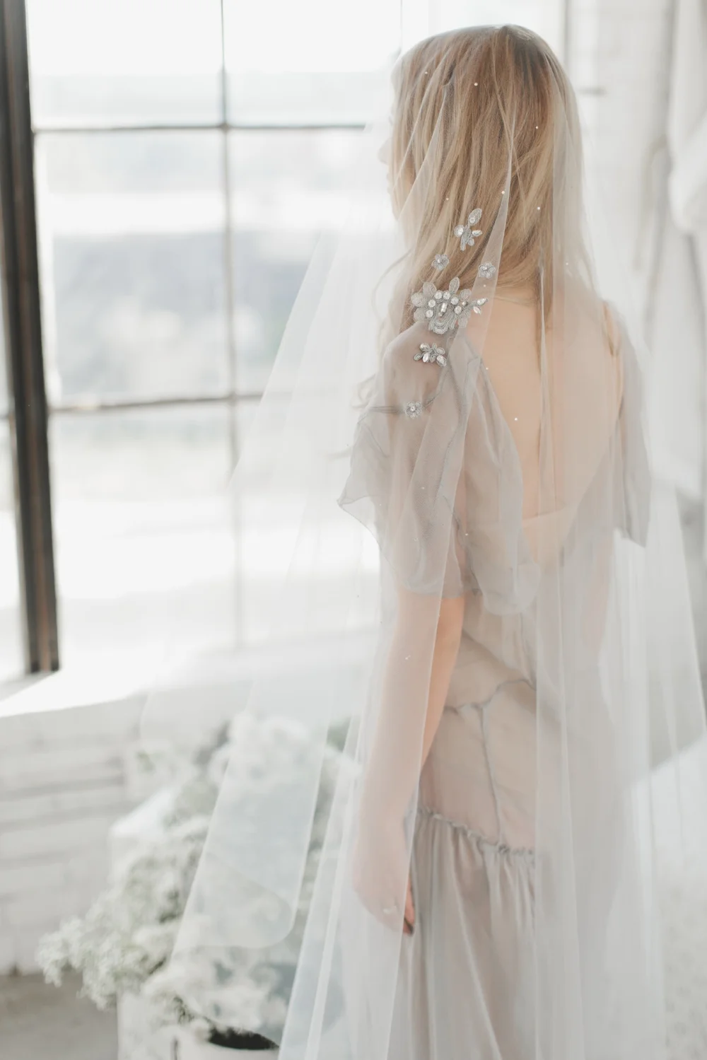 Gray Crystal Lace Applique' Veil #1716