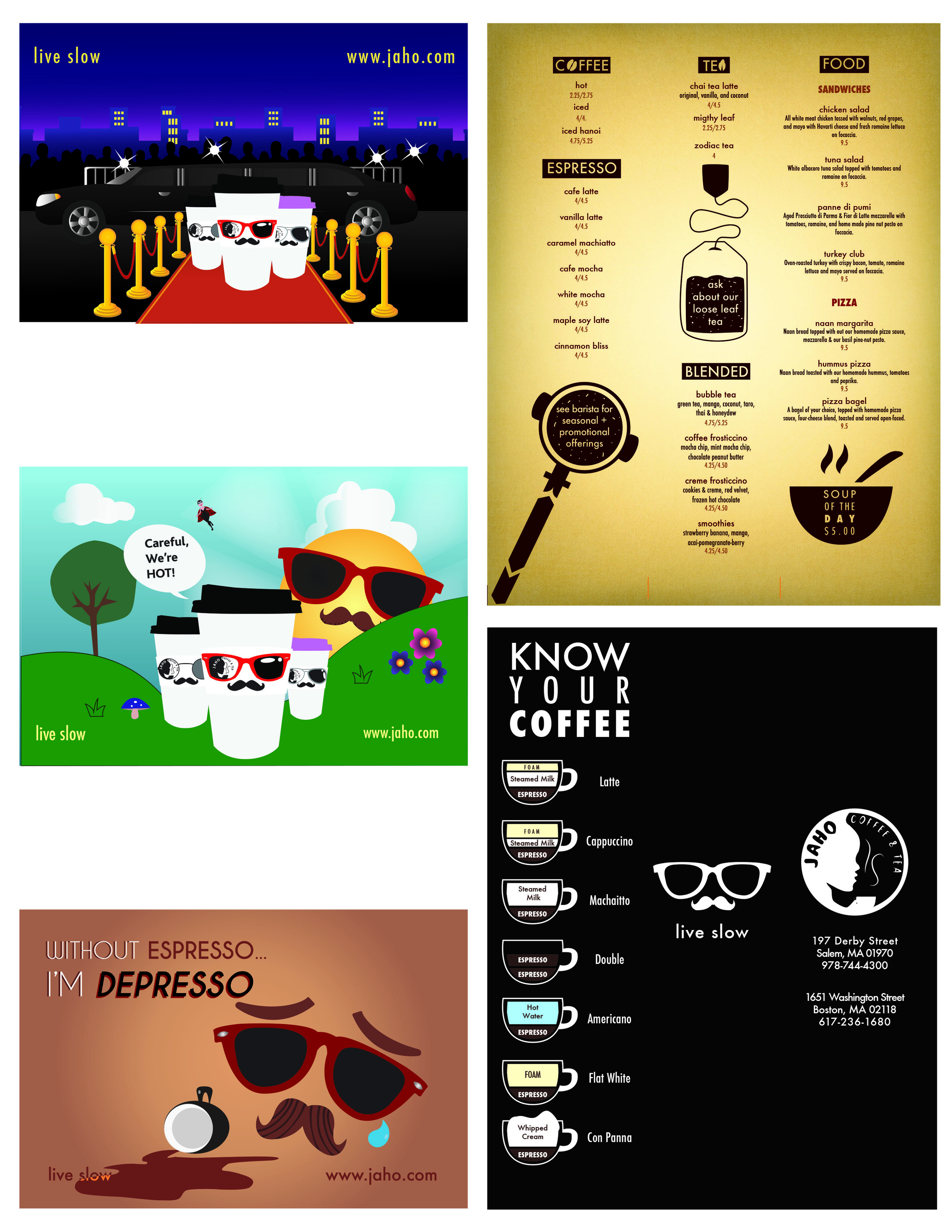 Jaho Coffee & Tea - Gift Cards & Menu These are gift card and menu designs I created for Jaho Coffee & Tea in Salem. My designs are currently being used by the business. Software Used: Illustrator, InDesign