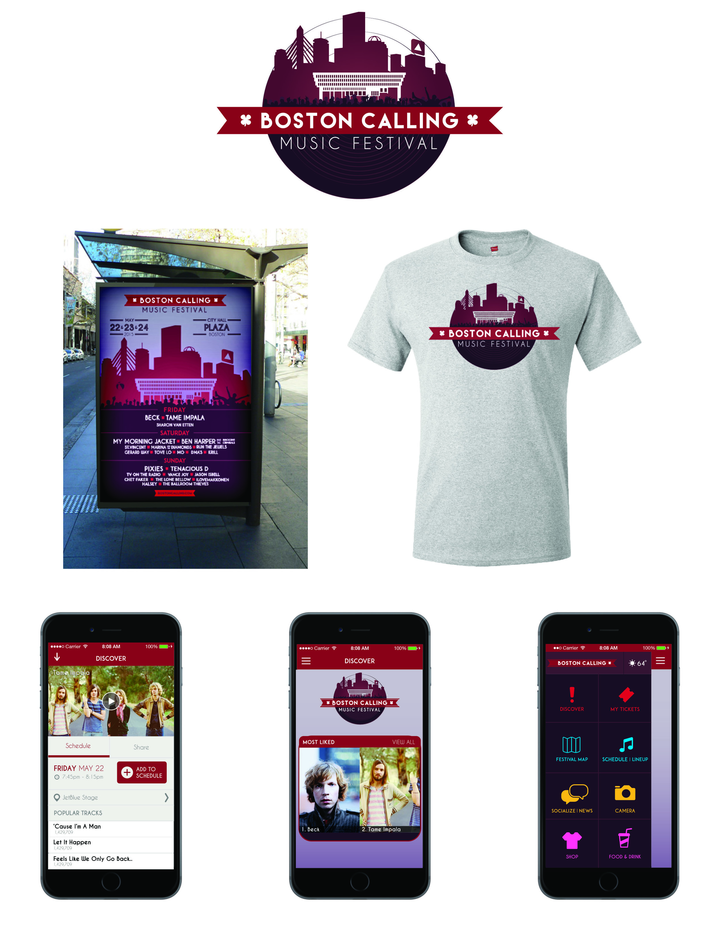 Boston Calling - Capstone Project For my design portfolio course, we were given the task to re-design an event. As an avid music lover, I chose Boston Calling Music Festival. Here you see a new logo, a bus stop line-up poster, a t-shirt, and three screens of a mobile app I created for the assignment. Software Used: Illustrator, Photoshop
