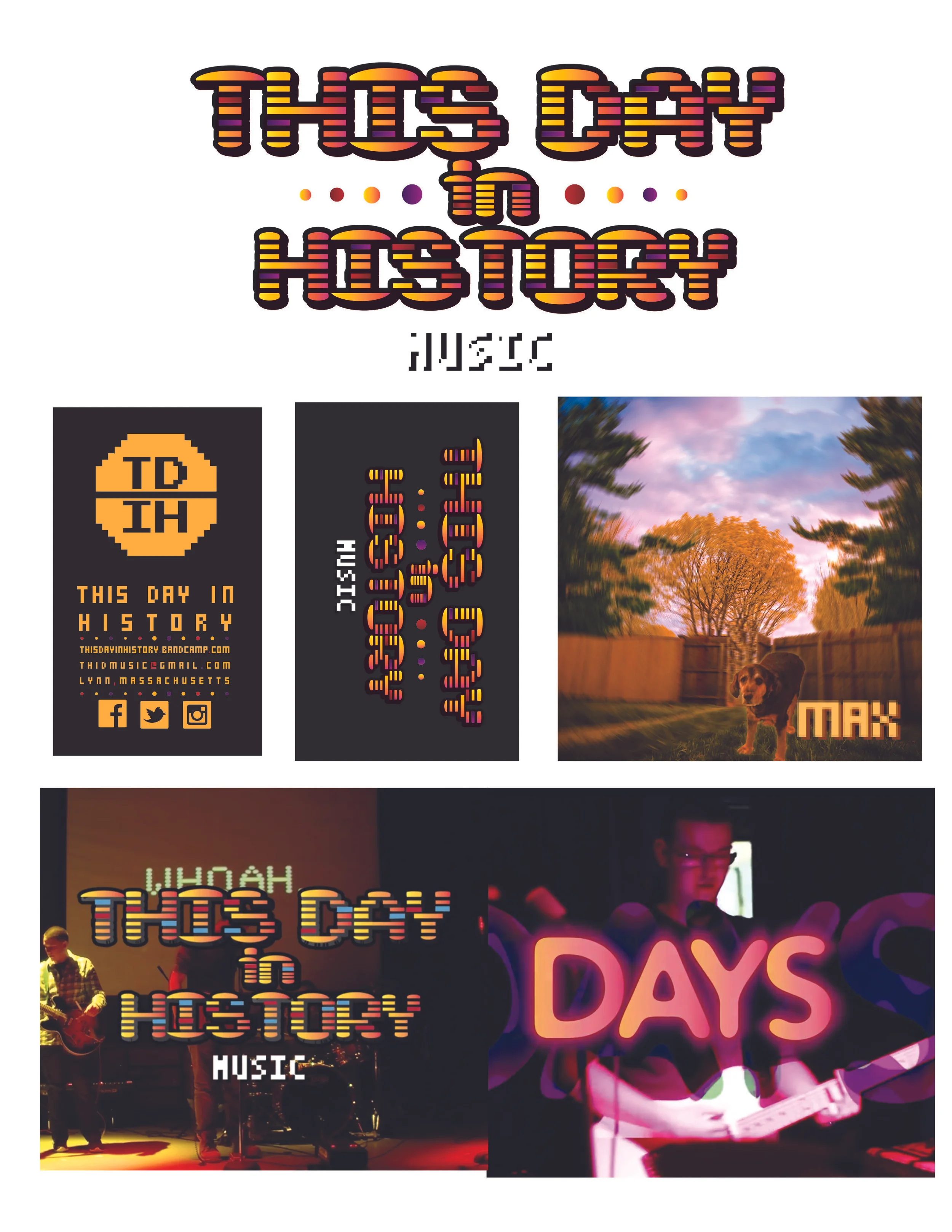 This Day In History - Band Identity Package These are logo, business card, and album cover designs I created for local band This Day In History. Their soung is playful alt-rock with an electronic twist, so I went for an arcade game style for their design. I also produced three live in-studio performance videos for them at SATV. Software Used: Illustrator, InDesign, Premiere