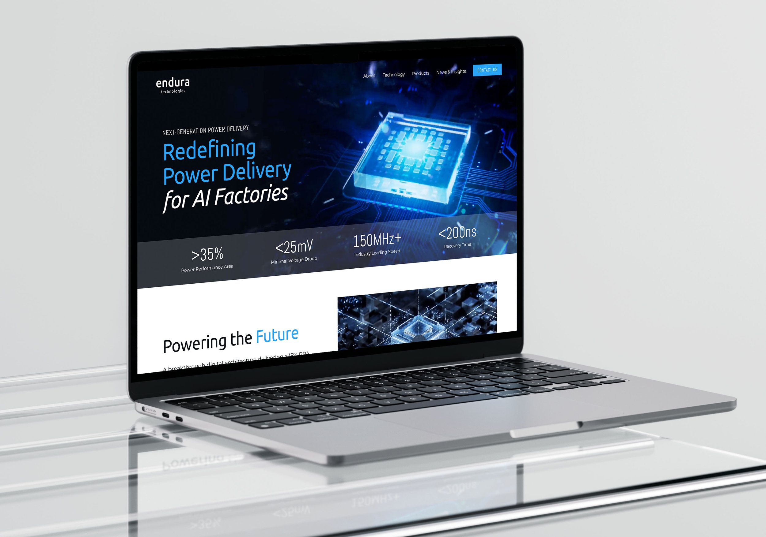 Mock up of the Endura Technologies website on a silver Macbook Pro