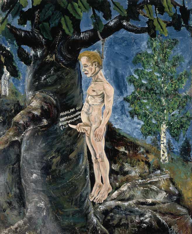 Kullervo, a figure from the Karelian and Finnish oral folklore and mythology craving on the tree: The world is the trophy of the fittest