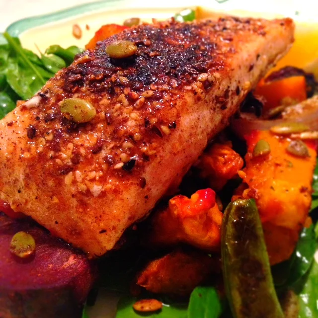 Dukkah Salmon with Warm Moroccan Salad