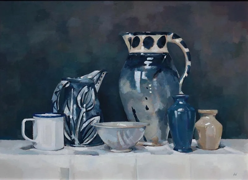 Blue Jugs, Stoneware Pots and Enamel Mug