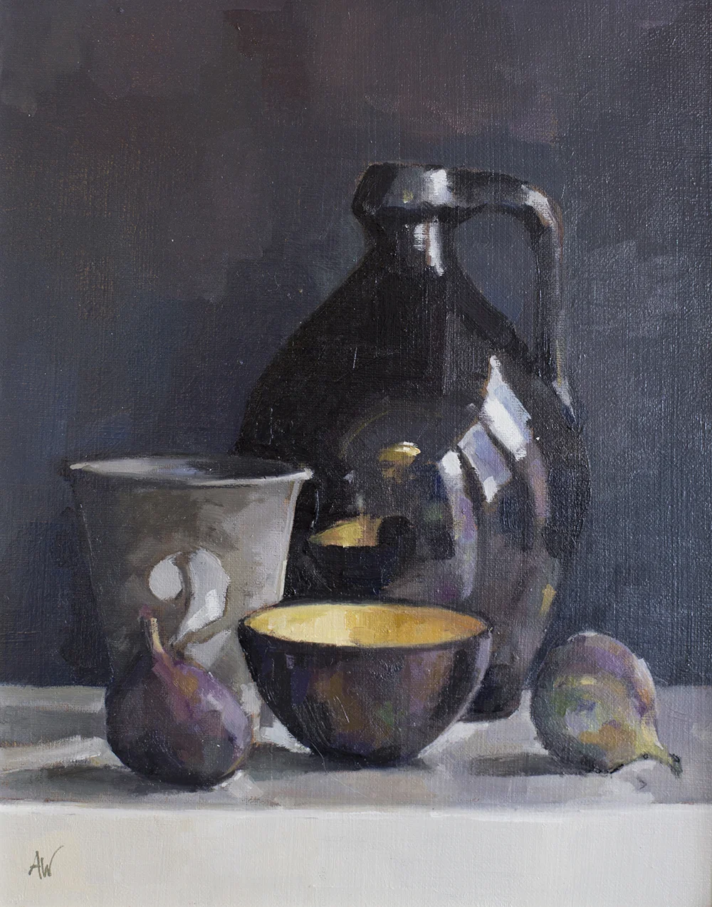 Gilded Bowl with Figs and Black Jug