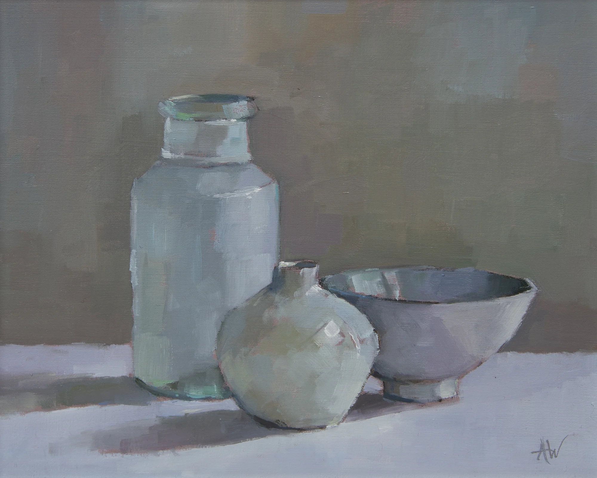 Pale blue bottle with pot and bowl