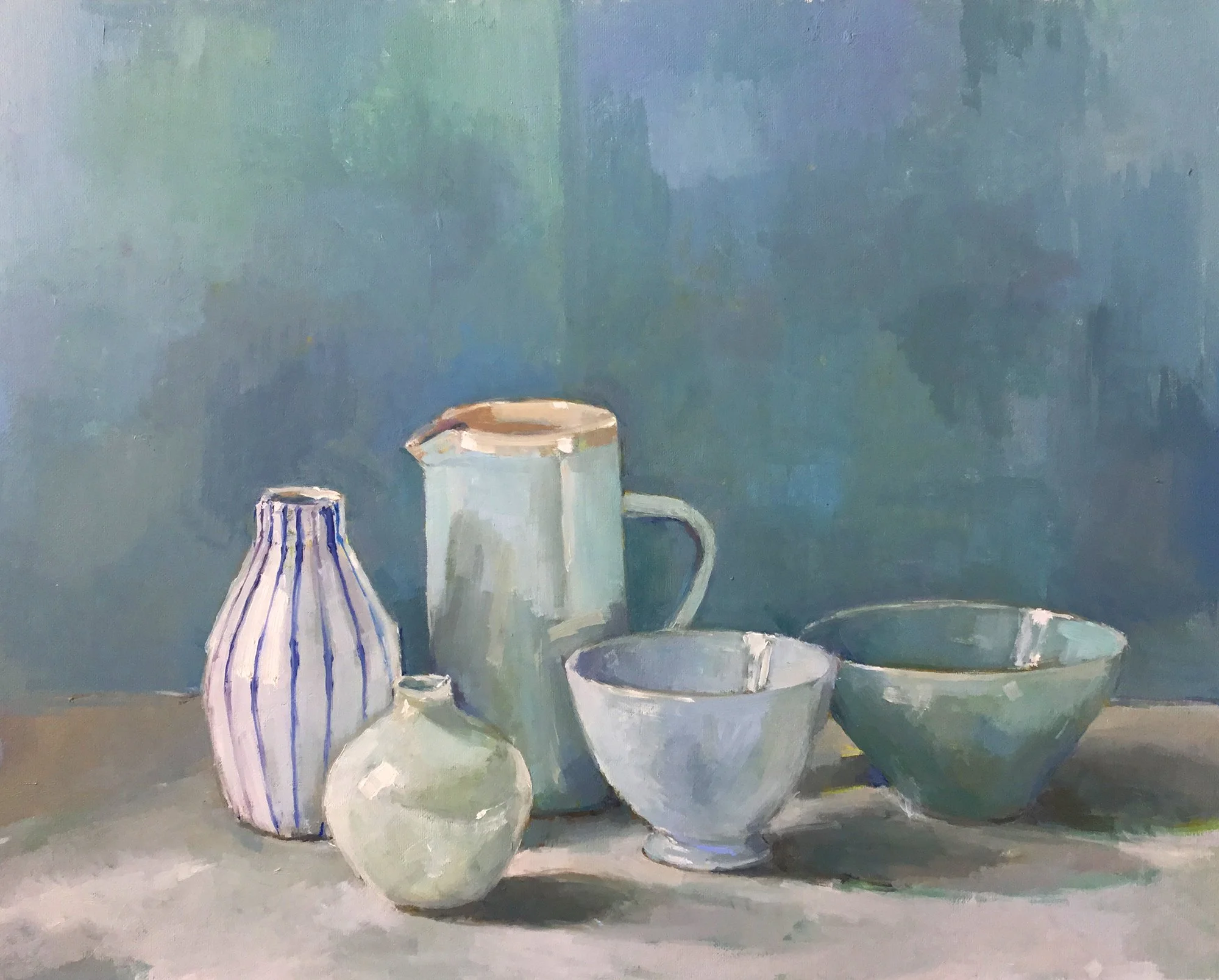 Blue still life with 5 pots