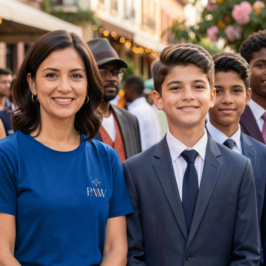 A woman wearing a PAAW-branded shirt designed by Fresh Picked Design stands with a group of boys dressed in formal attire at an outdoor event.