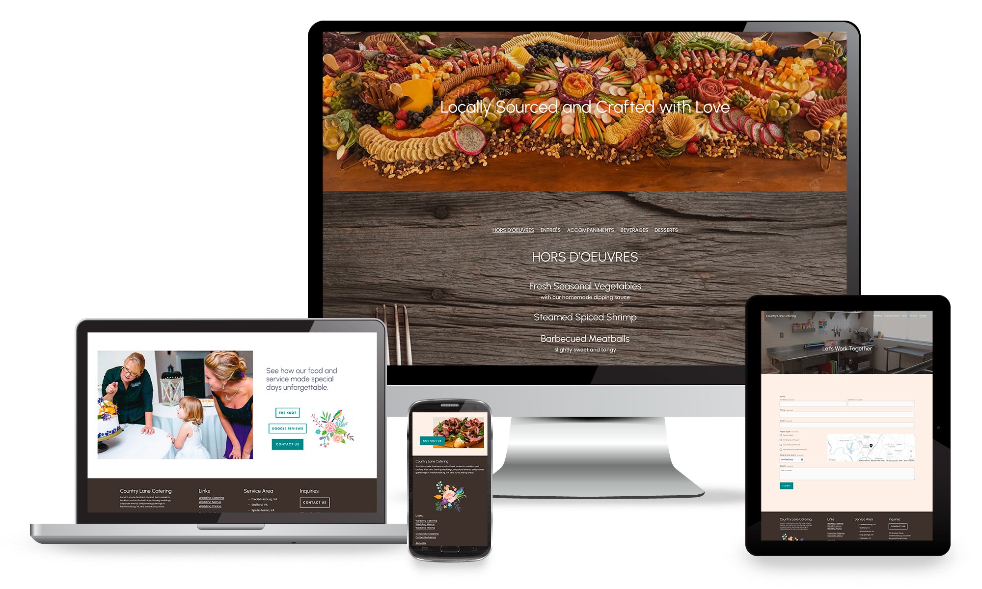 Responsive website designed by Fresh Picked Design for Country Lane Catering. This redesign has clearer taxonomy, stronger SEO, improved meta descriptions, and better AIO referral traffic.