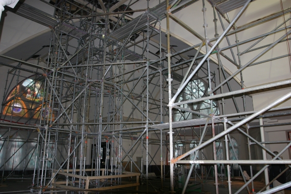 Staging for access into the Highland Presbyterian Church roof system. Photo courtesy of Senler, Campbell and Associates, Inc . Staging installed by Schaeffer General Contracting Services . GEM Engineering also provided materials testing consulting.