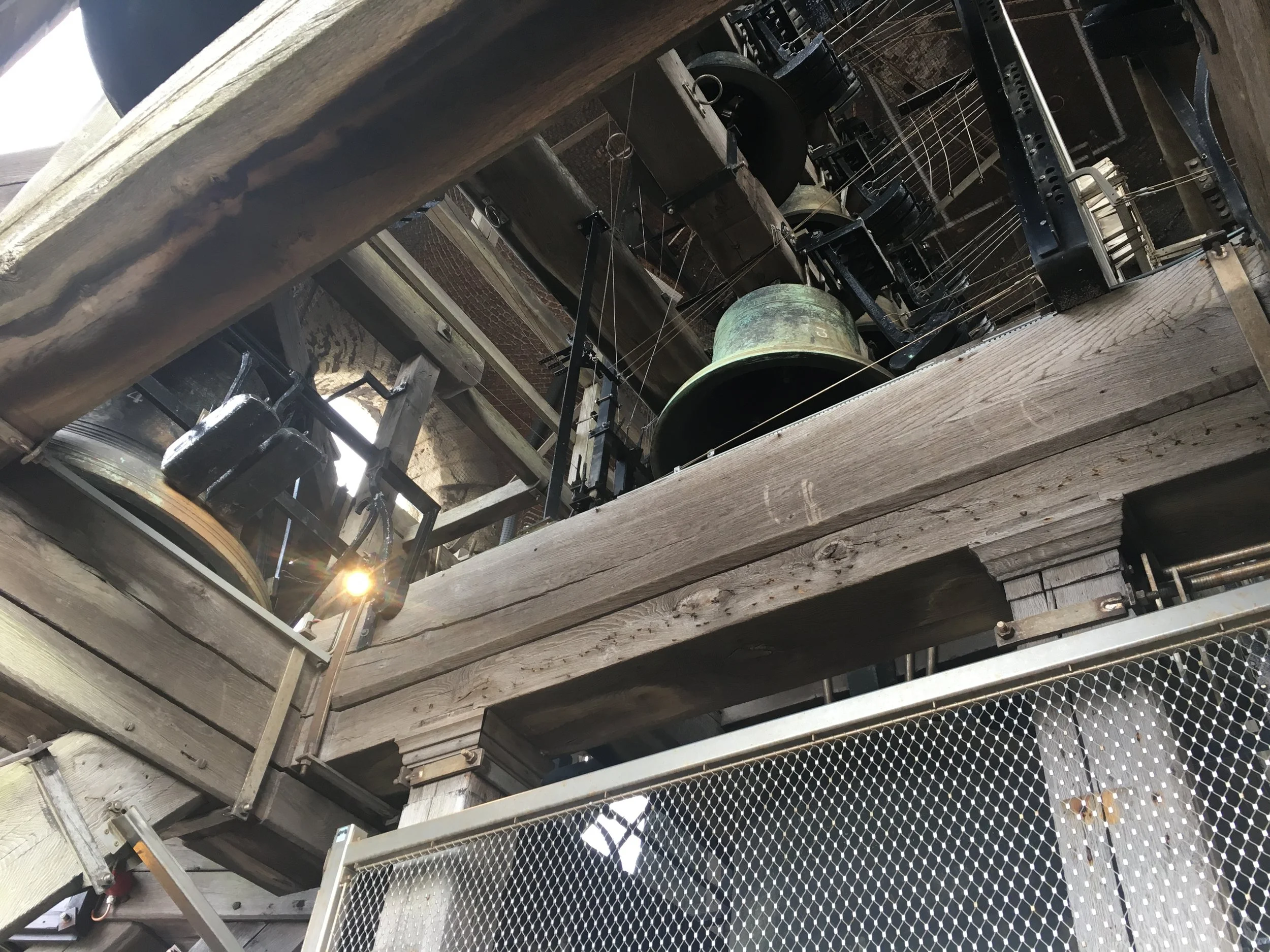 A portion of the massive bell system in the upper spire.