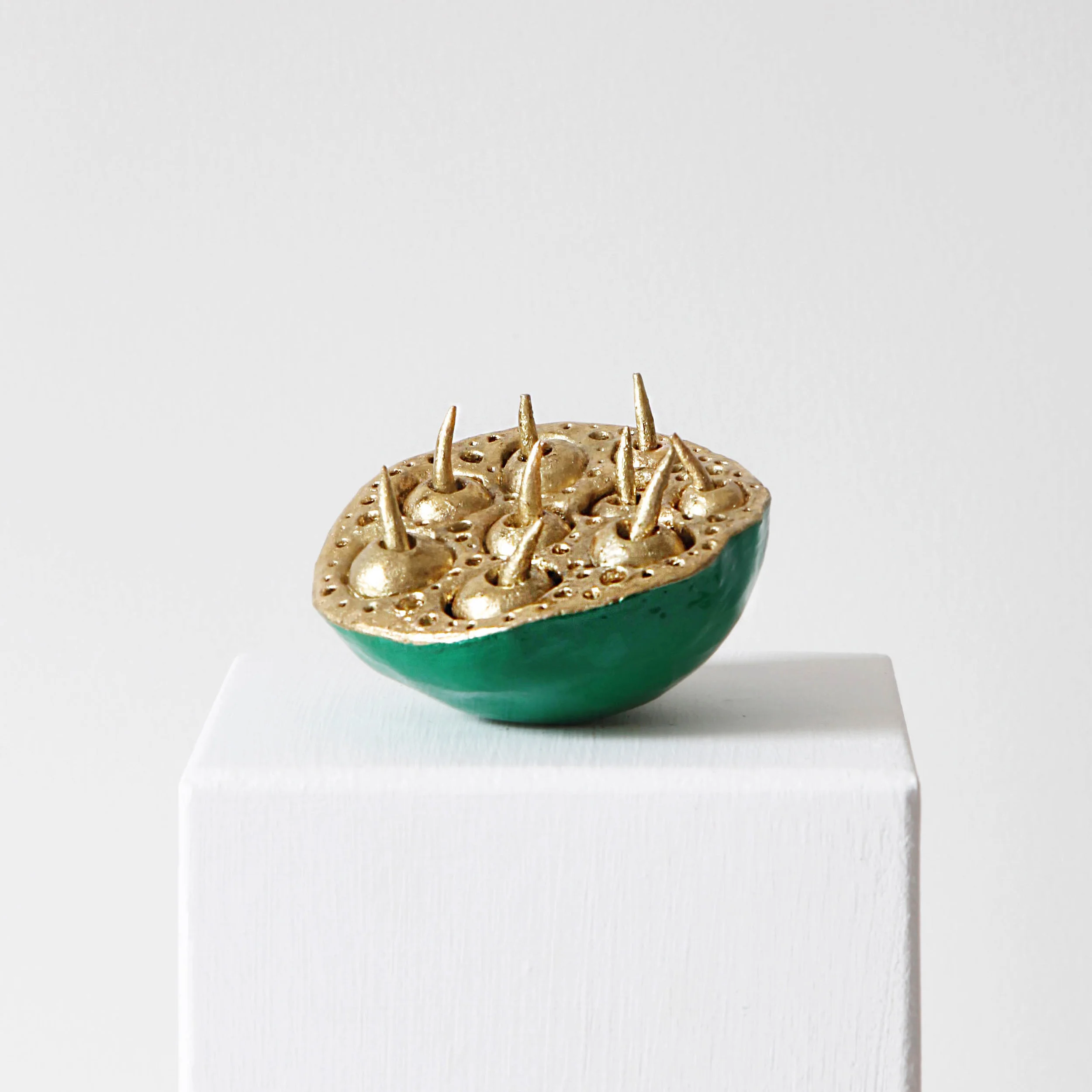 Trypophobia II , 2017, raw clay painted with acrylic, lacquered, varnished and gold plated, 7,2x8x8,3cm