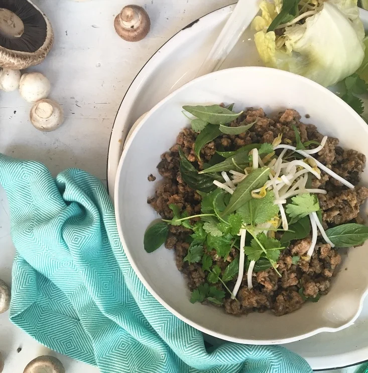 Pork and mushroom sang choy bow made with 400g of blended mushrooms 
