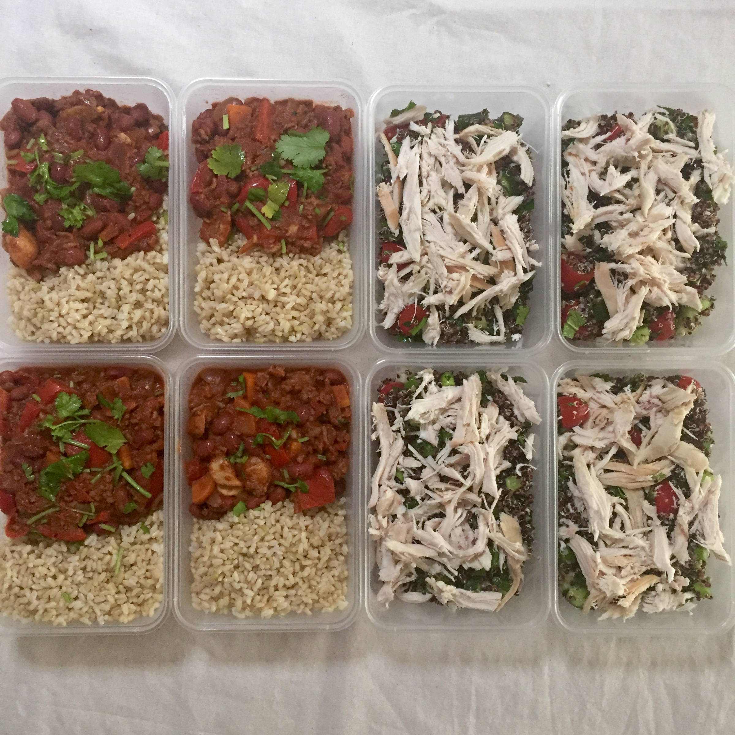Use leftovers to make quick and healthy lunches and dinners (on the left), or make a hearty salad with a grain, veggies and a protein source (on the right) that will hold up well in the fridge for a few days.