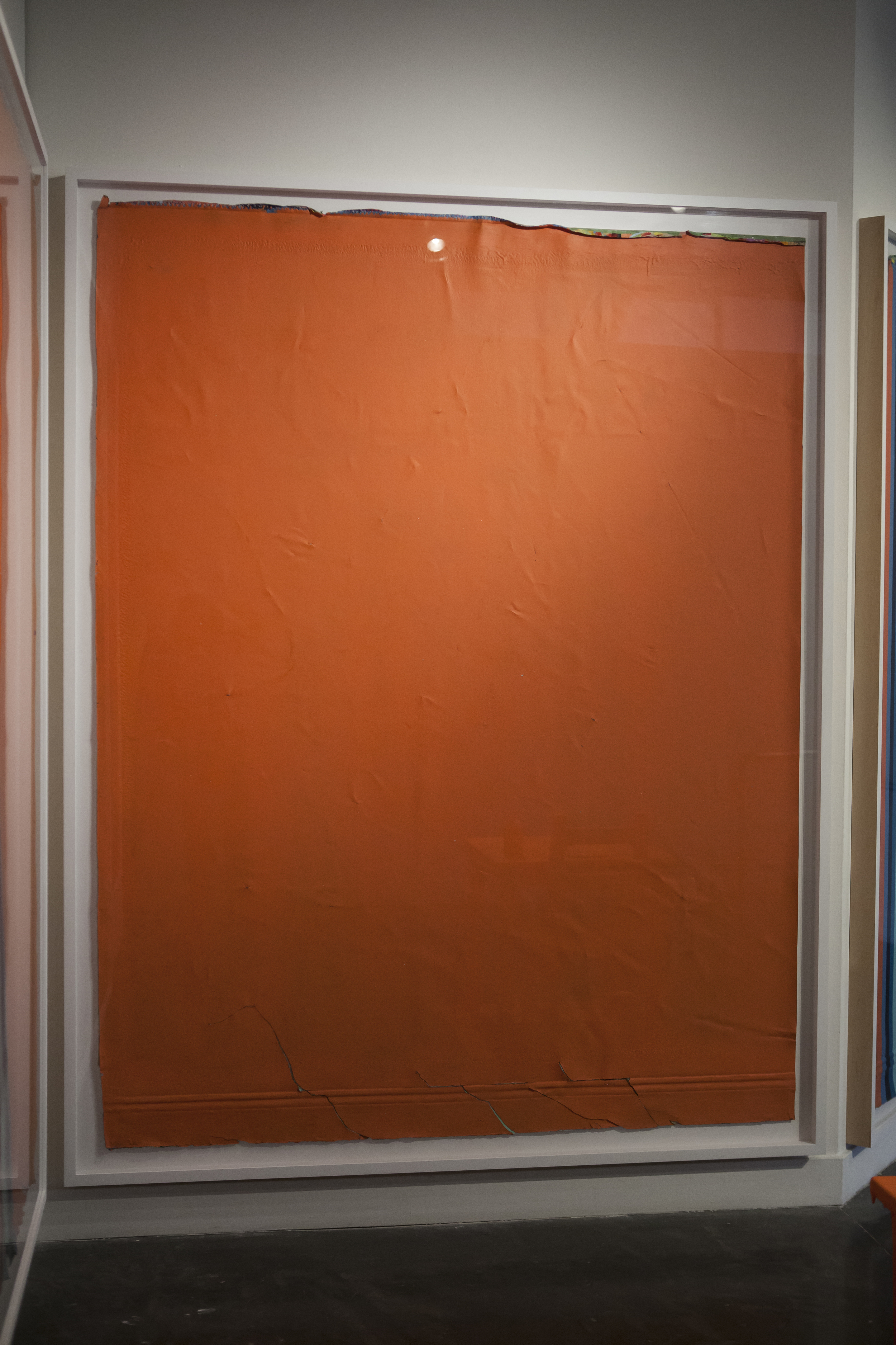Where Once Was None: (Middle) All orange, Late(Middle) All orange, Latex paint, plexiglass and frame, 108” x 86”
