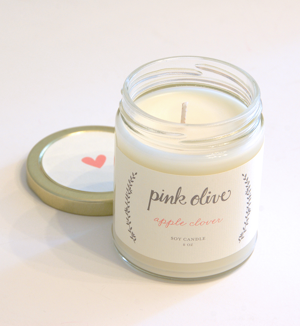 pink olive soy candle packaging design