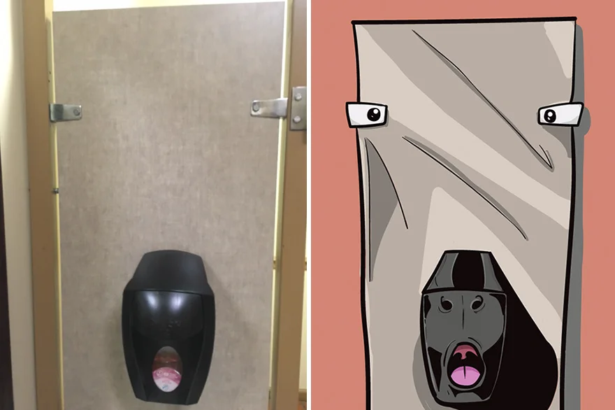 Hi there! I’m Sharron, the stall wall door. I hope the soap on my face stalls you from leaving this place. My look of surprise caused by the amount of hands not using my cleaning supplies. So, come hither and let me sanitize your mitts, then dry your hands after you rinse.