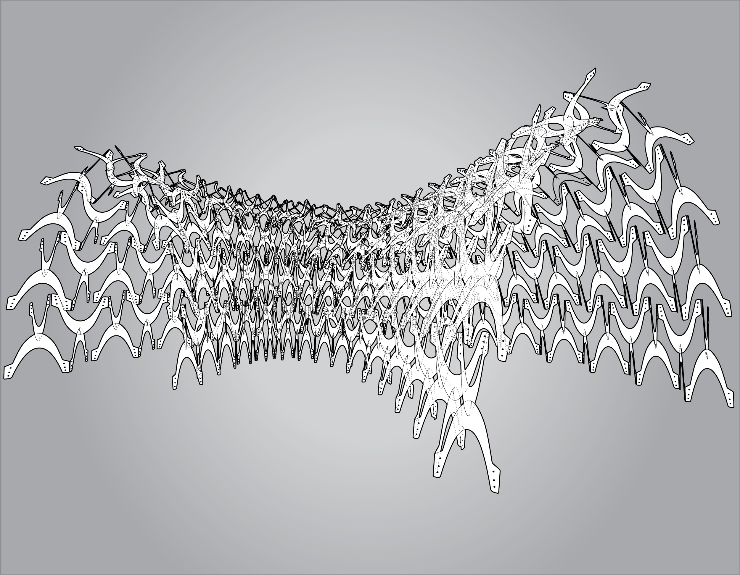 Columbia GSAPP Fast Pace // Slow Space Critics: Brigette Borders & Mark Bearak Collaboration with Nicole Allen, Collin Anderson, John Barret, Phillip Crupi, Chelsea Hyduk, Bo Liu, Kim Nguyen, Michelle Park, and Anthony Sunga. TINA (Tensile Nodal Integrity Assembly) was a full-scale pavilion fabricated using the CNC mill and tensioning cables. Text from the TINA official website: TINA is the creation of ten students of the Graduate School of Architecture, Planning and Preservation at Columbia University (GSAPP). One day, we woke up and said, “Hey! Let’s build something beautiful and complex that uses every software we know because it’ll be awesome (and educational. Ding!)” And so it began. 
