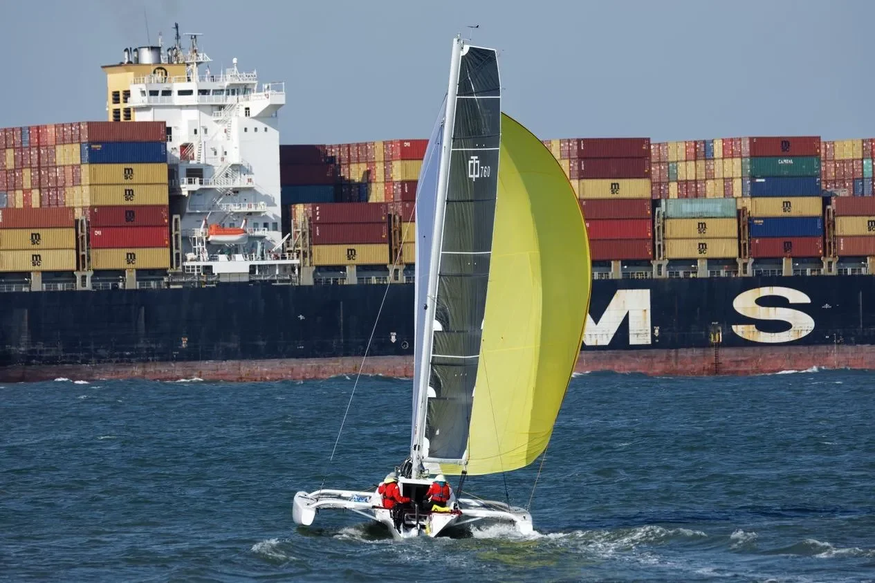 2018 Corsair 760 trimaran sailing with spinnacker