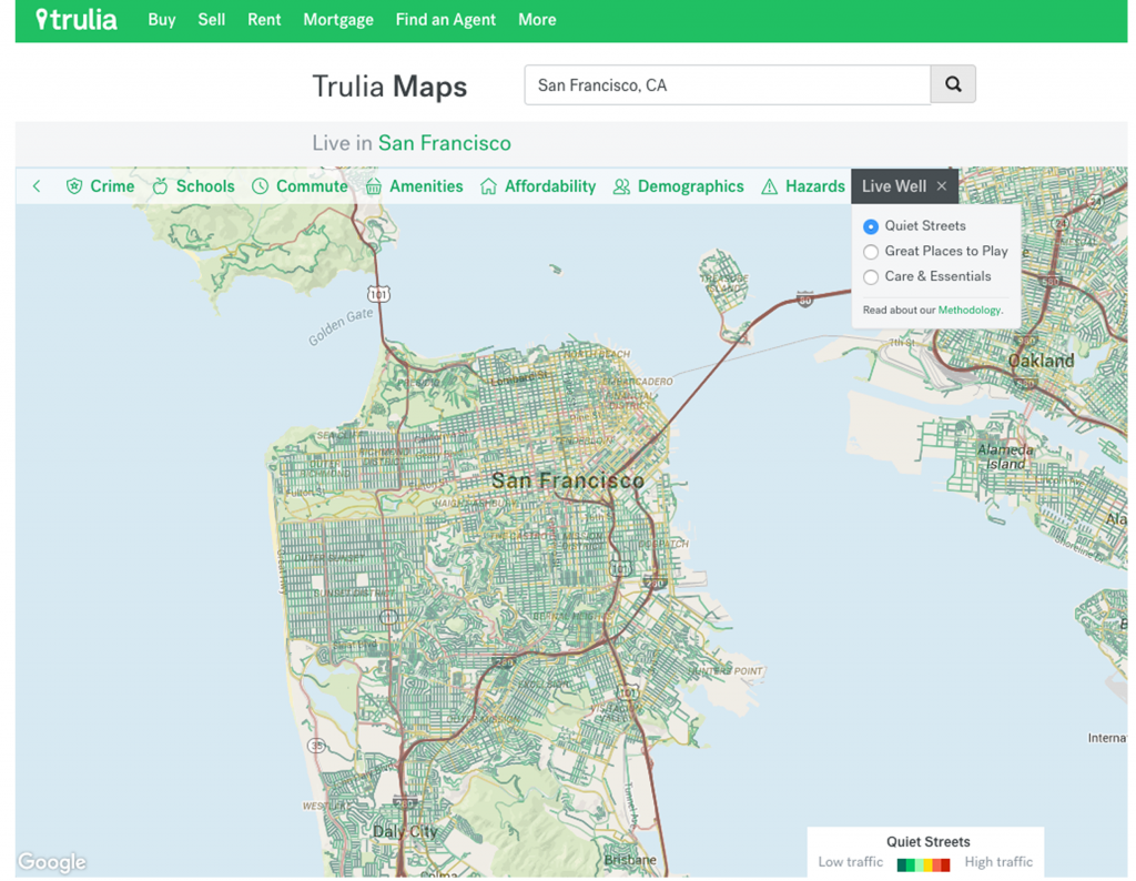 Trulia's Quiet Streets map shows traffic volume as an indicator of street noise in San Francisco.