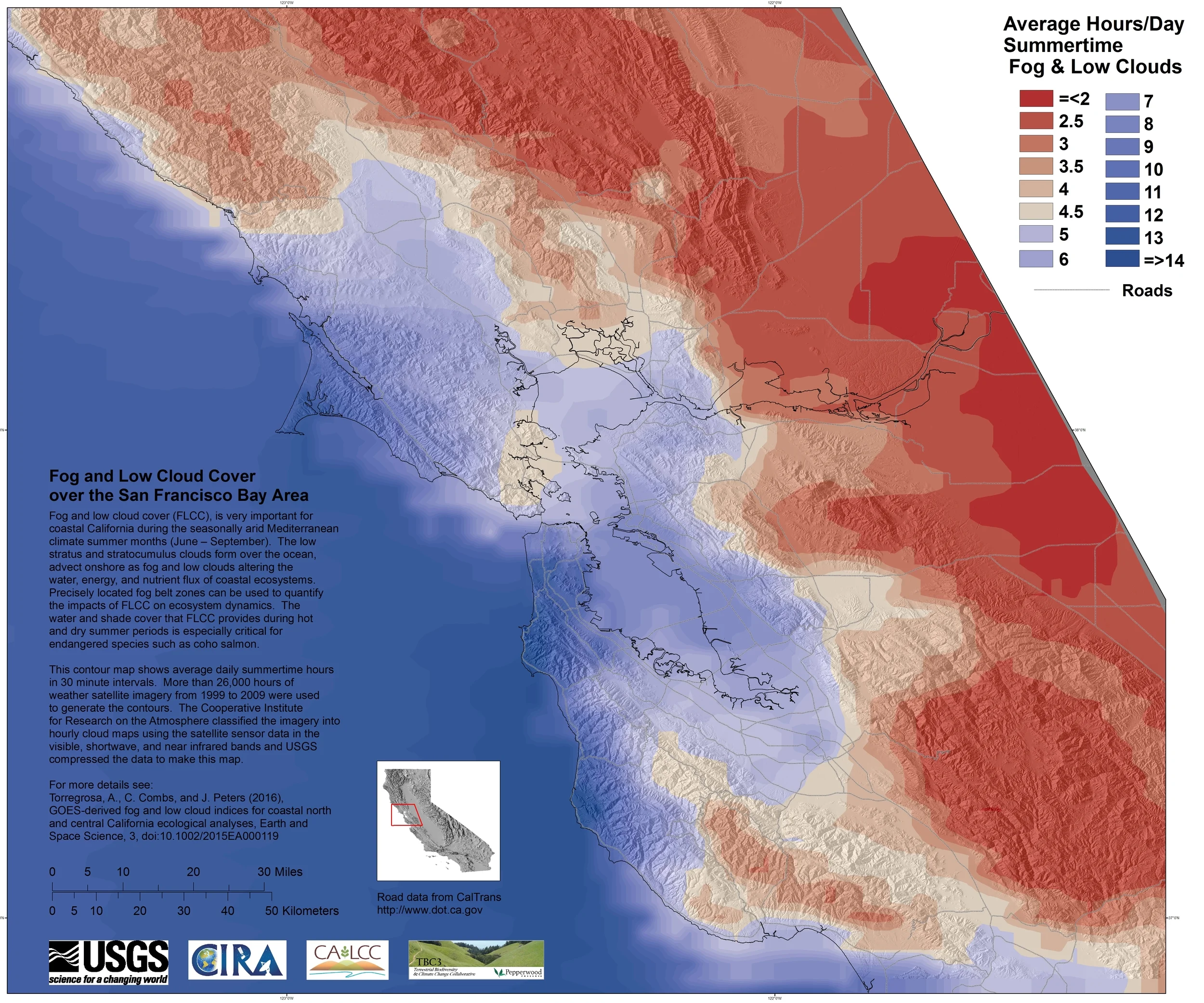 Figure 2. San Francisco Bay Area Fog Belt Zones The Fog and Low Cloud Cover (FLCC) Map of the San Francisco Bay Area depicts the average hours of FLCC received during June, July, August, and September 1999 – 2009 in contour intervals of 30 minutes. The averages were generated as a raster map from hourly night and day GOES images. The raster was interpolated into contours for visualization purposes. Note: a high resolution 18" x 36" jpg version of this map is available in this issue of the BayGeo Journal map gallery .