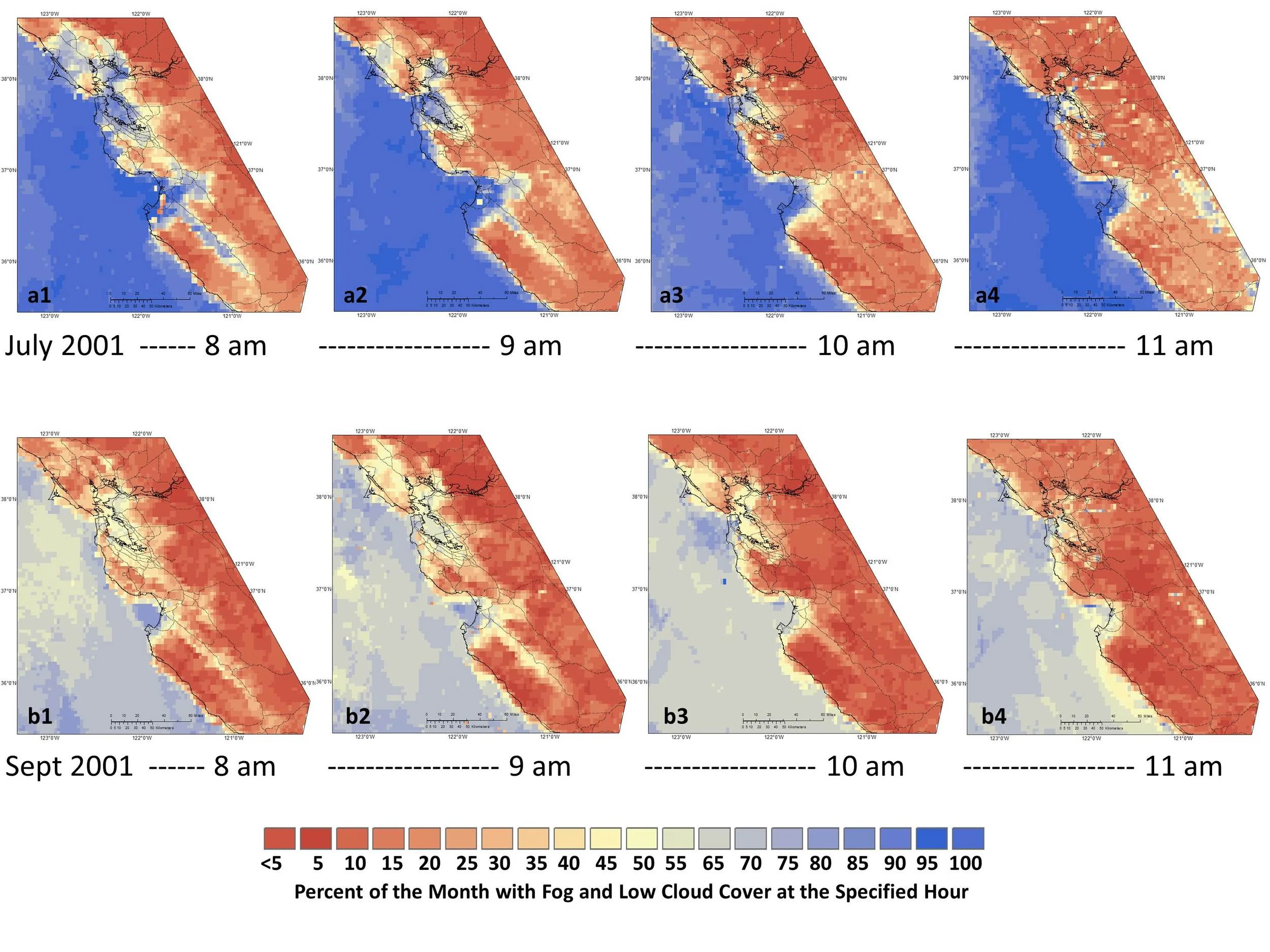 Figure 3. Fog and low cloud clover (FLCC) by average month-hour The hourly sequence of average percent cover of fog and low cloud (FLC) at 4 different hours (8, 9, 10, and 11 AM PDT) for July and September in 2001. On average, by 10 AM most of the Salinas Valley (a3) is clear of FLC. Many other average hourly patterns can be found in these sequences such as increasing FLCC offshore by 11 AM and increasing FLCC in the easternmost edge of the map (Central Valley) in July.