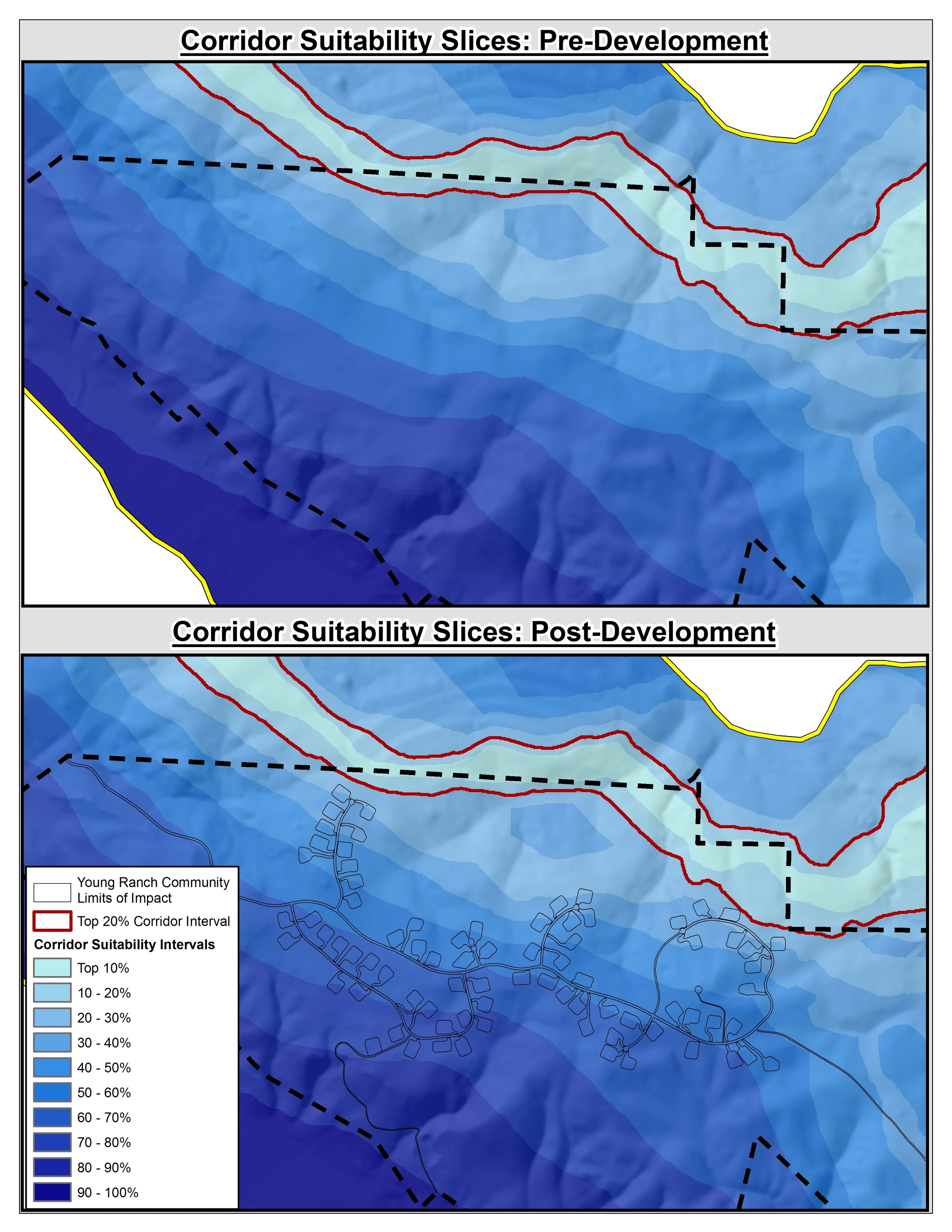 Figure 7. Model results corridor suitability slices pre- and post-development comparison
