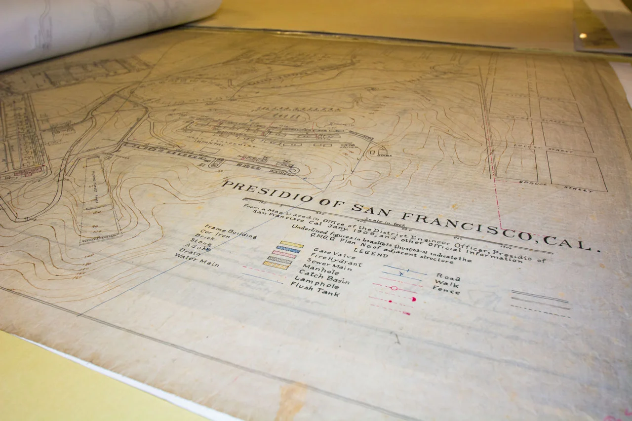 Hand drawn map of the Presidio from 1909