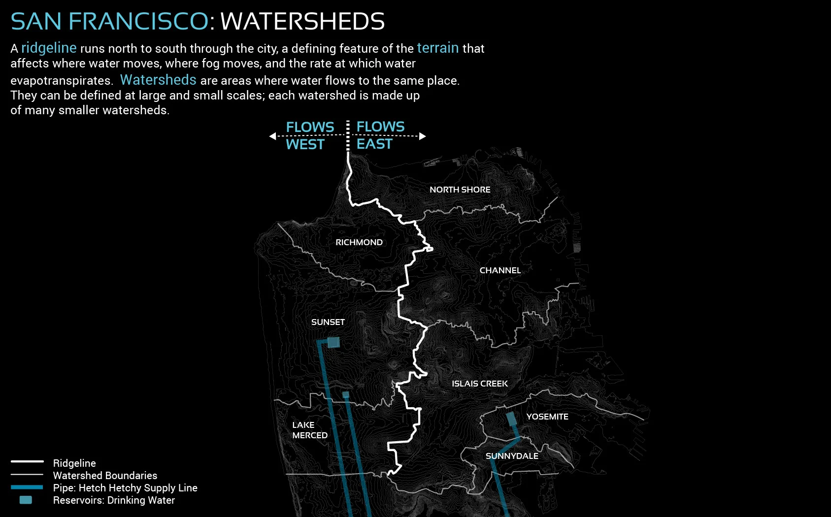 Figure 5. San Francisco's watersheds are formed by the city's terrain, moving water from high to low points in the landscape