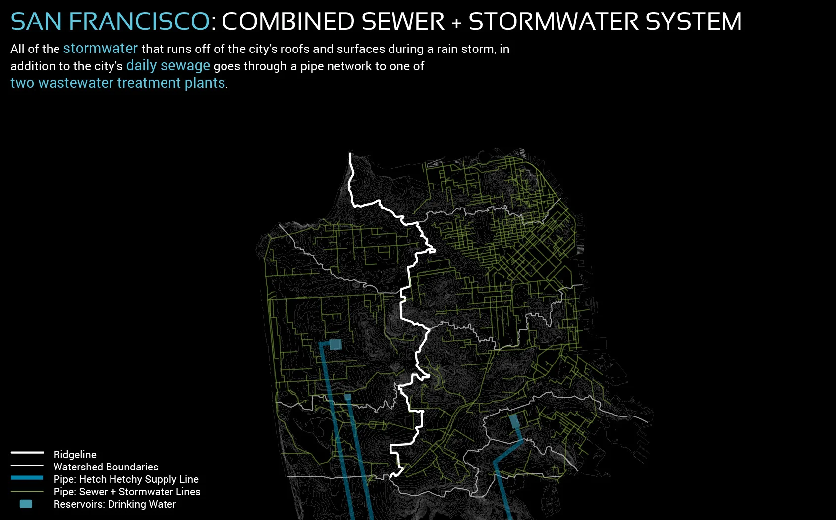 Figure 6. The city's combined stormwater and sewer system reveals patterns of the landscape, such as Golden Gate Park, and Twin Peaks