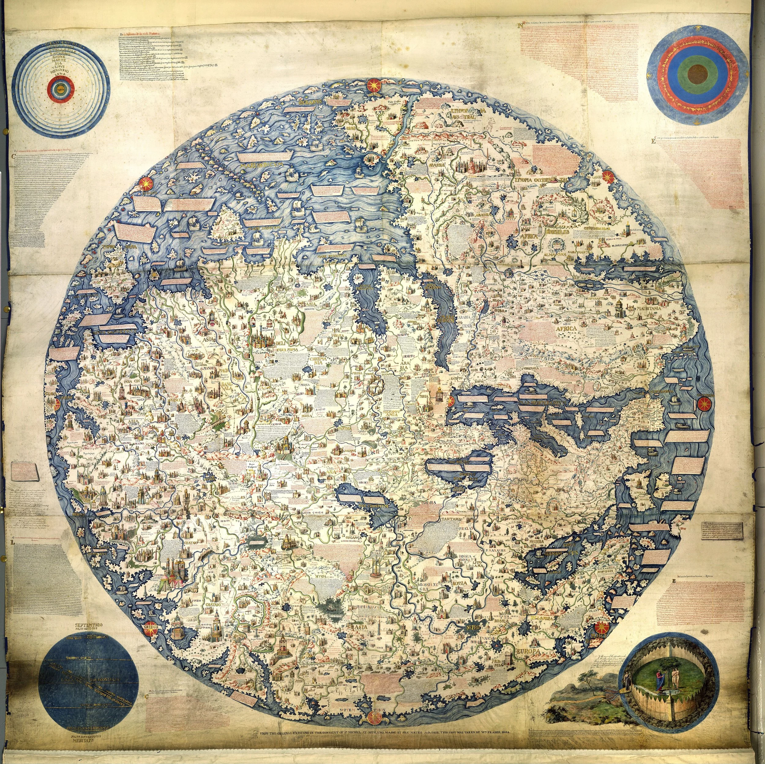 Fra Mauro's world map. Photo credit: Public Domain https://upload.wikimedia.org/wikipedia/commons/9/95/Fra_Mauro_World_Map%2C_c.1450.jpg