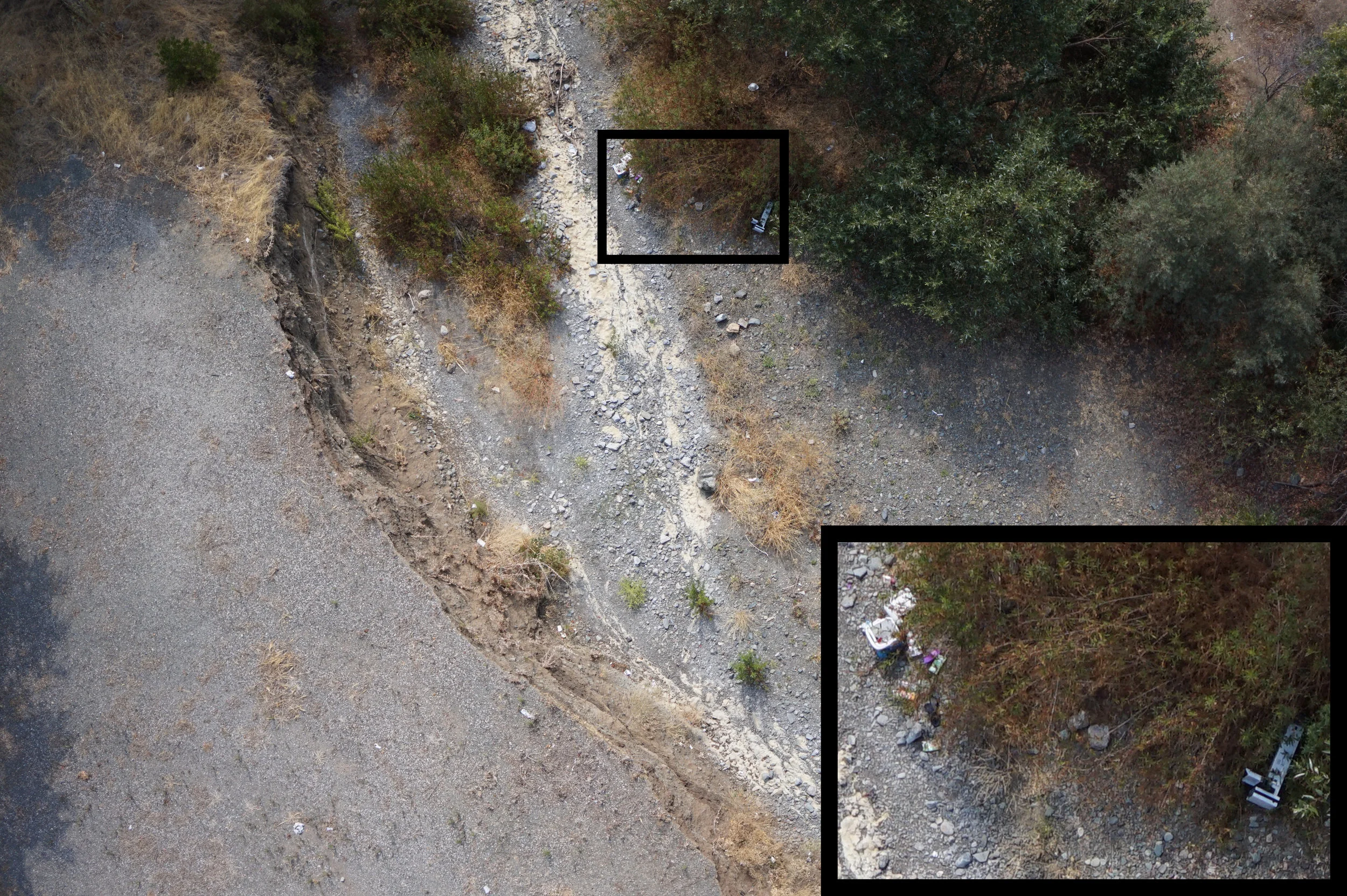 Figure 2. Trash shown using imagery taken from a drone flying 100 ft over Kirker Creek, Clayton, CA, Aug 14, 2018
